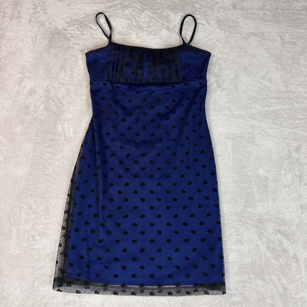 Vtg Y2K 90's Strappy Club Mini Baby Doll Mesh Overlay Blue Black Lace Floral USA